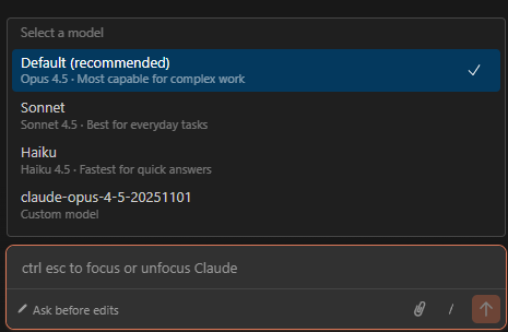 Dropdown menu for selecting Default (Opus 4.5), Sonnet, Haiku models in Claude Code